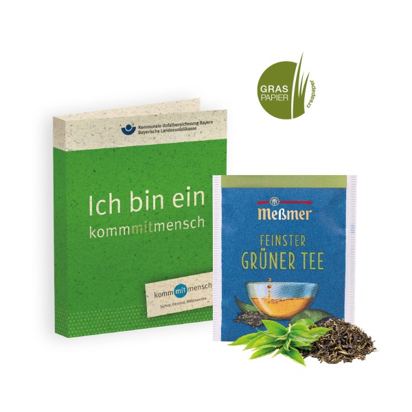 Werbe-Klappkarte mit Messmer Premium-Tee Graspapier